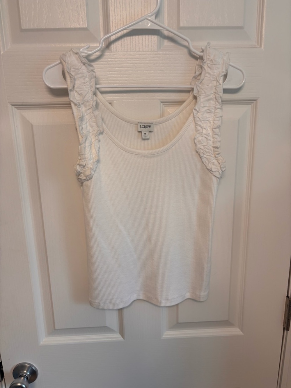 J. Crew Cream Ribbed Tank with Ruffle Shoulder Straps